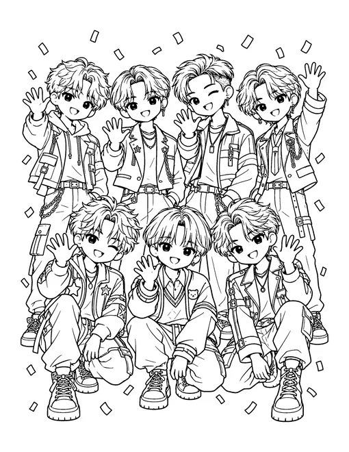 Seven boy group members stand in two rows and wave, each with a different hairstyle and outfit, coloring page
