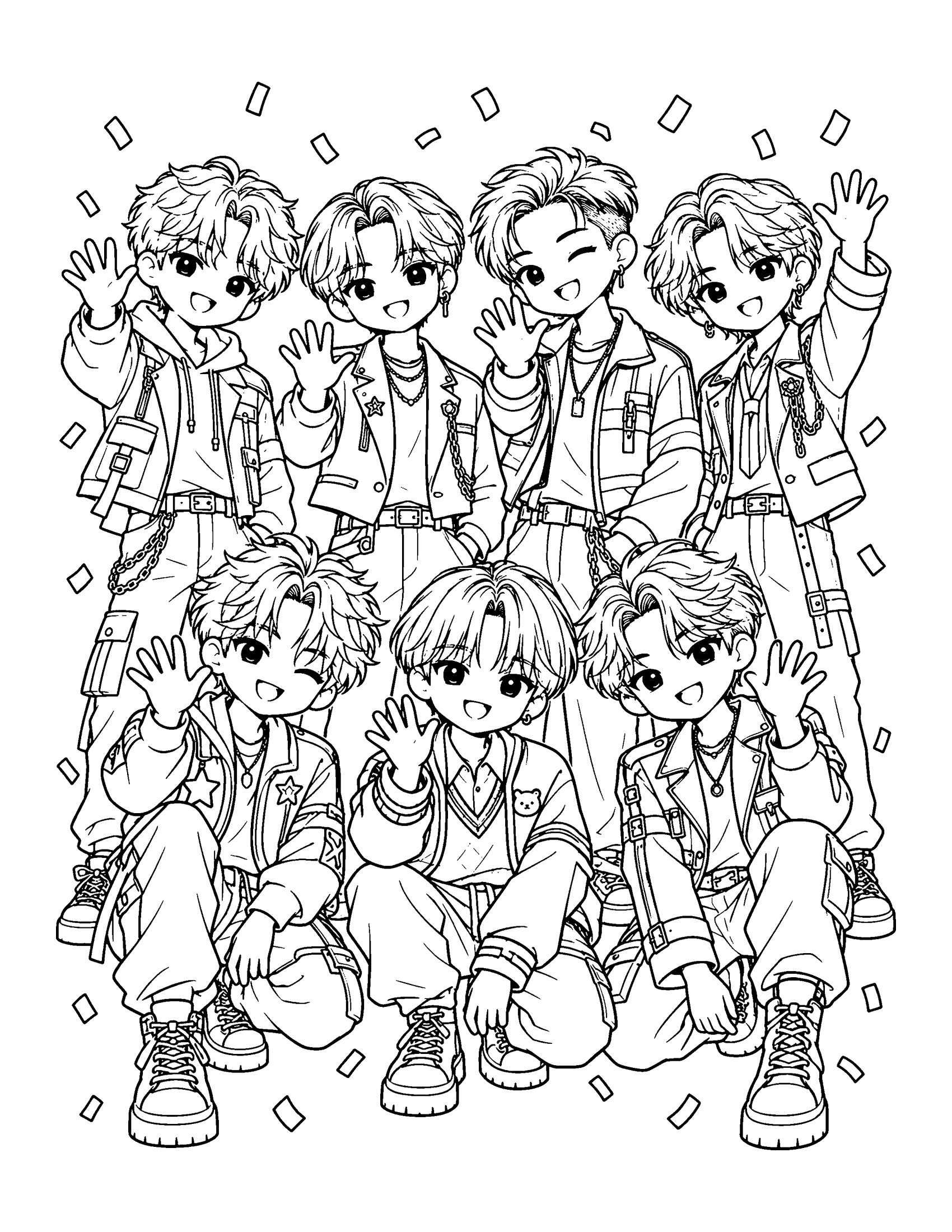 Seven boy group members stand in two rows and wave, each with a different hairstyle and outfit, coloring page