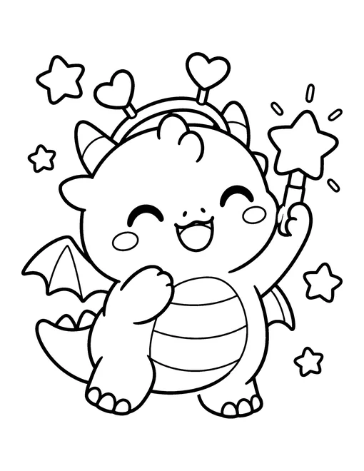 A tiny round baby dragon in a fan headband waves a star light stick, coloring page