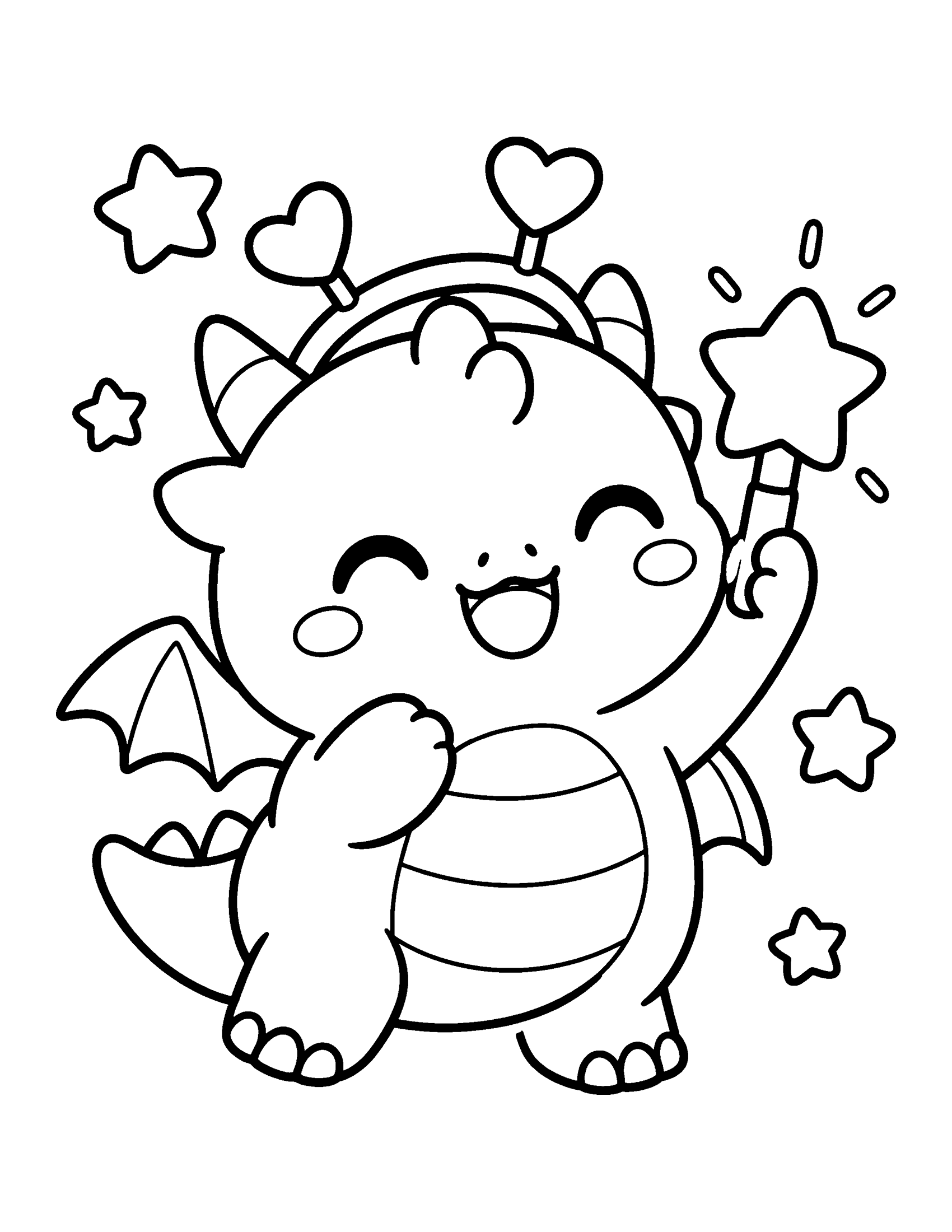 A tiny round baby dragon in a fan headband waves a star light stick, coloring page