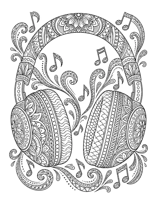 One large pair of headphones filled with zentangle patterns, with patterned music notes and swirls flowing out, coloring page