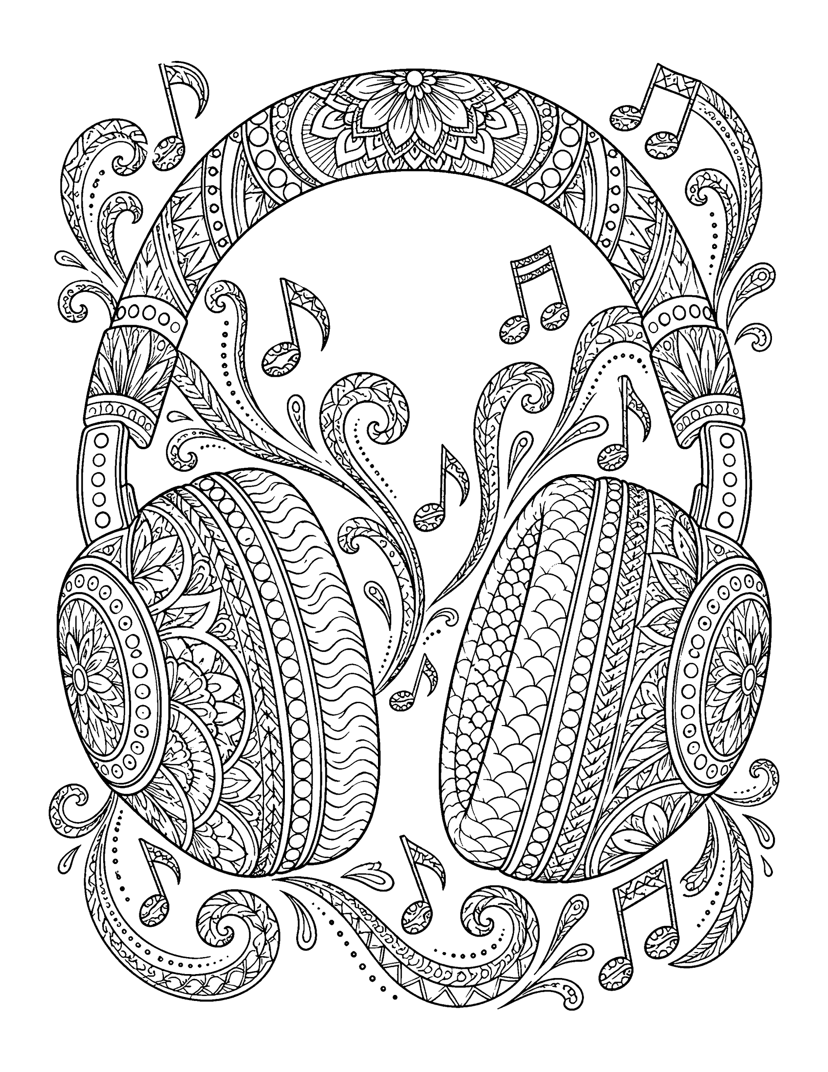 One large pair of headphones filled with zentangle patterns, with patterned music notes and swirls flowing out, coloring page