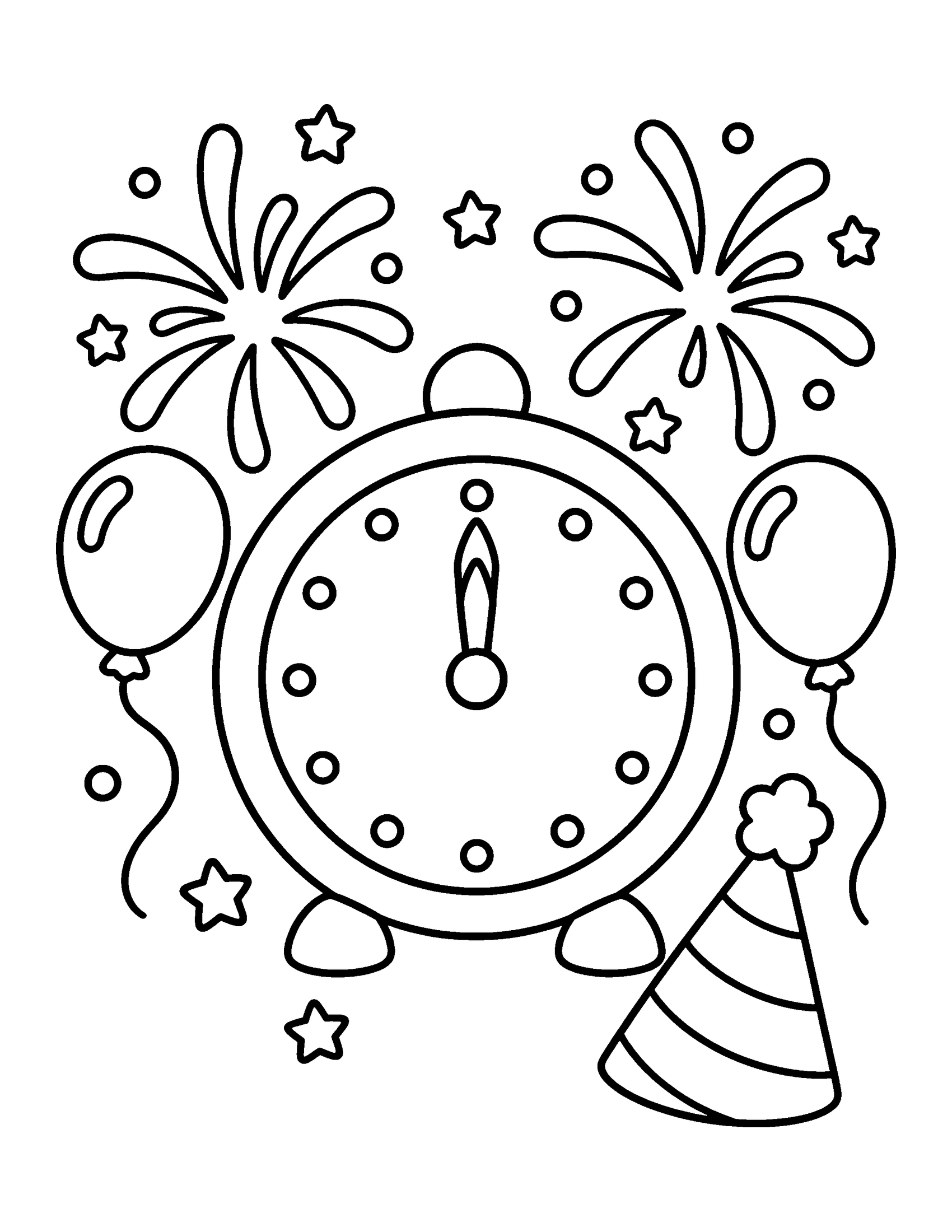 Alarm clock showing midnight with fireworks, two balloons, stars and a striped party hat, coloring page