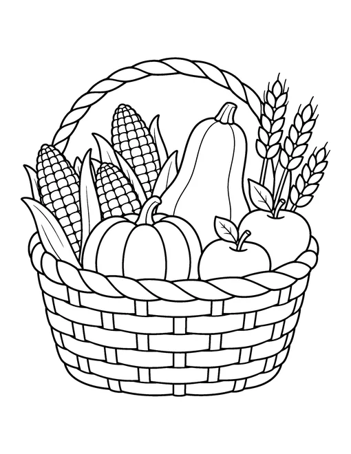 Woven basket filled with ears of corn, a squash, a pumpkin, apples and wheat, coloring page