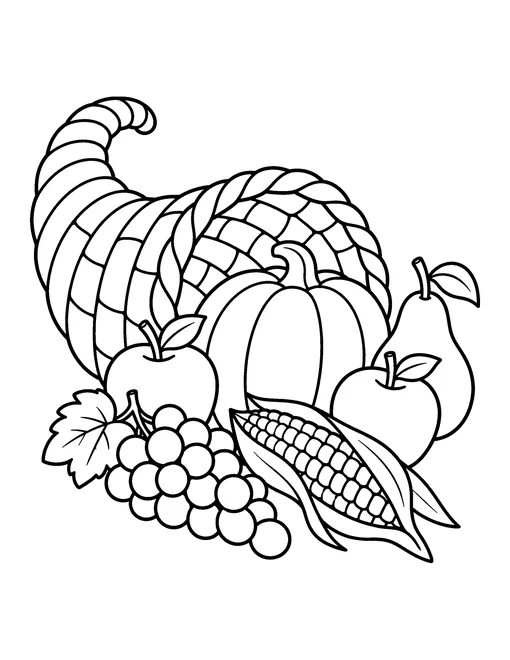 Cornucopia horn of plenty with a pumpkin, apples, a pear, grapes and an ear of corn, coloring page