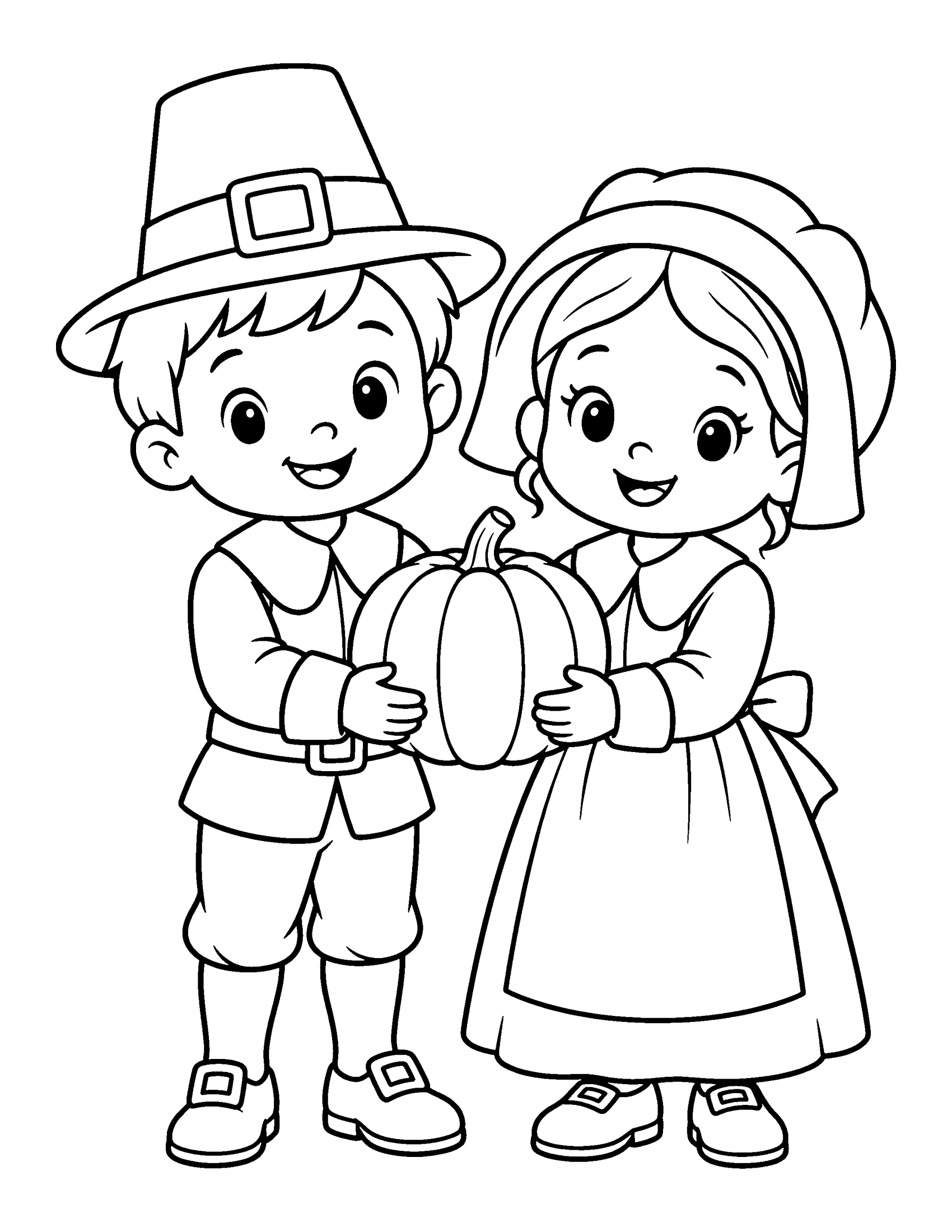 Cute pilgrim boy and girl holding a pumpkin together, coloring page