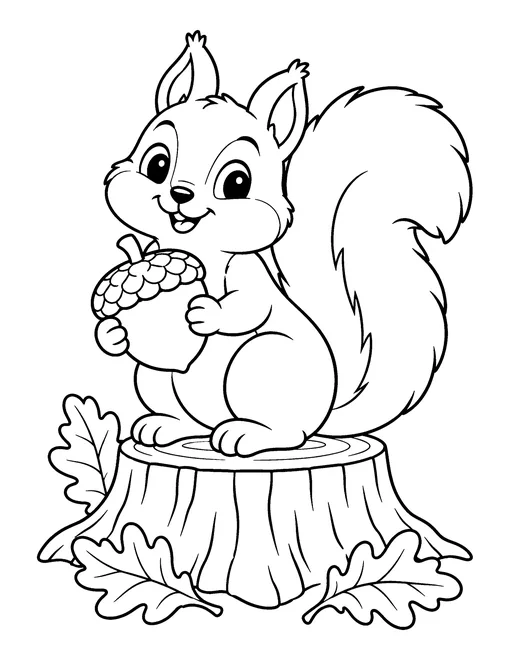 Cute squirrel with a bushy tail sitting on a tree stump and holding a large acorn, coloring page