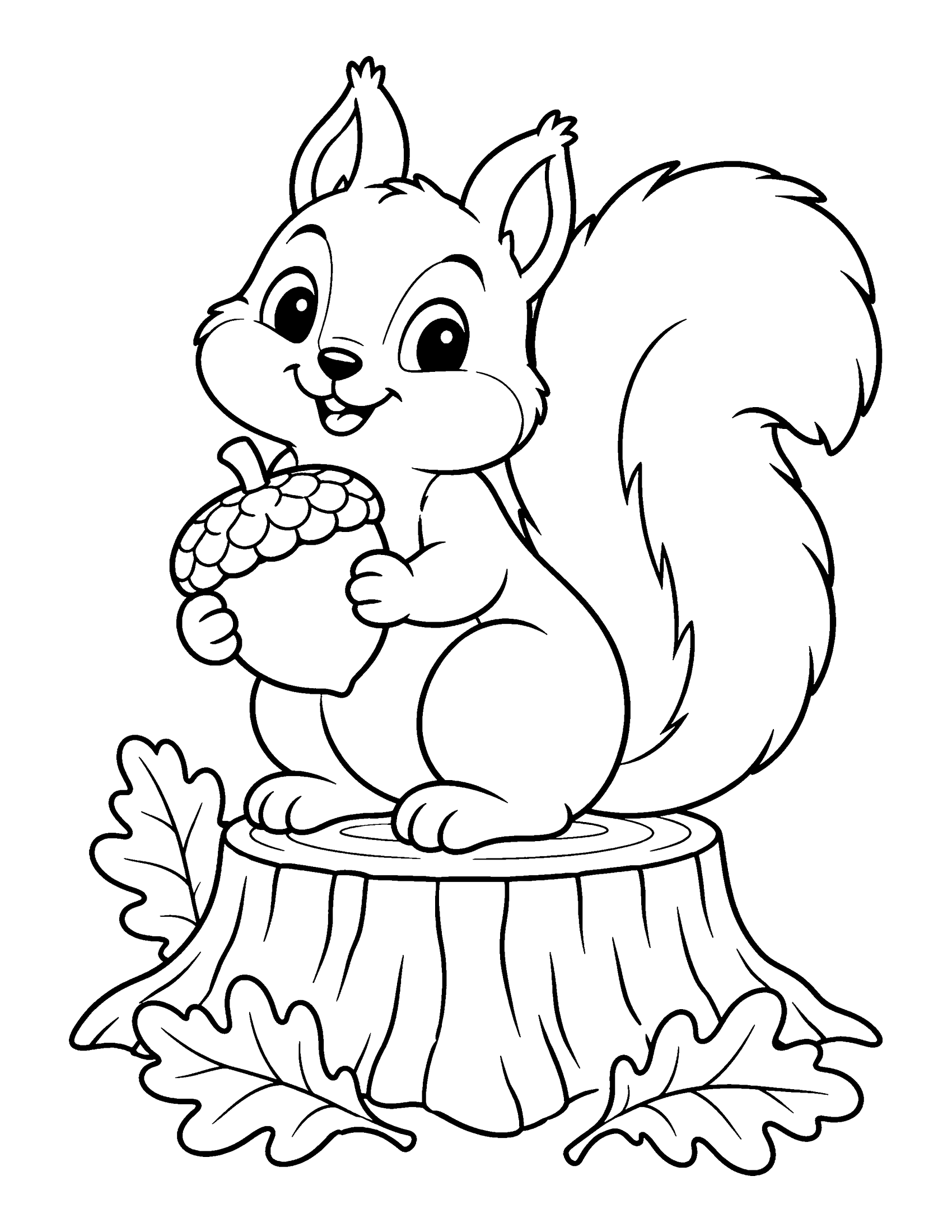 Cute squirrel with a bushy tail sitting on a tree stump and holding a large acorn, coloring page