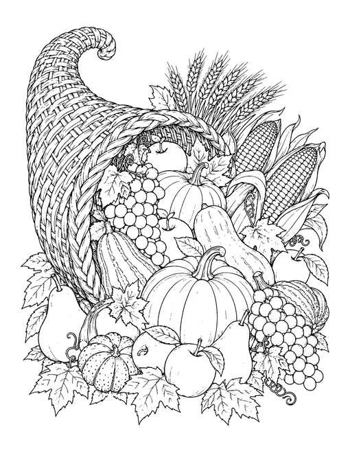 Detailed woven cornucopia overflowing with pumpkins, grapes, corn, pears, apples, wheat and leaves, coloring page for adults