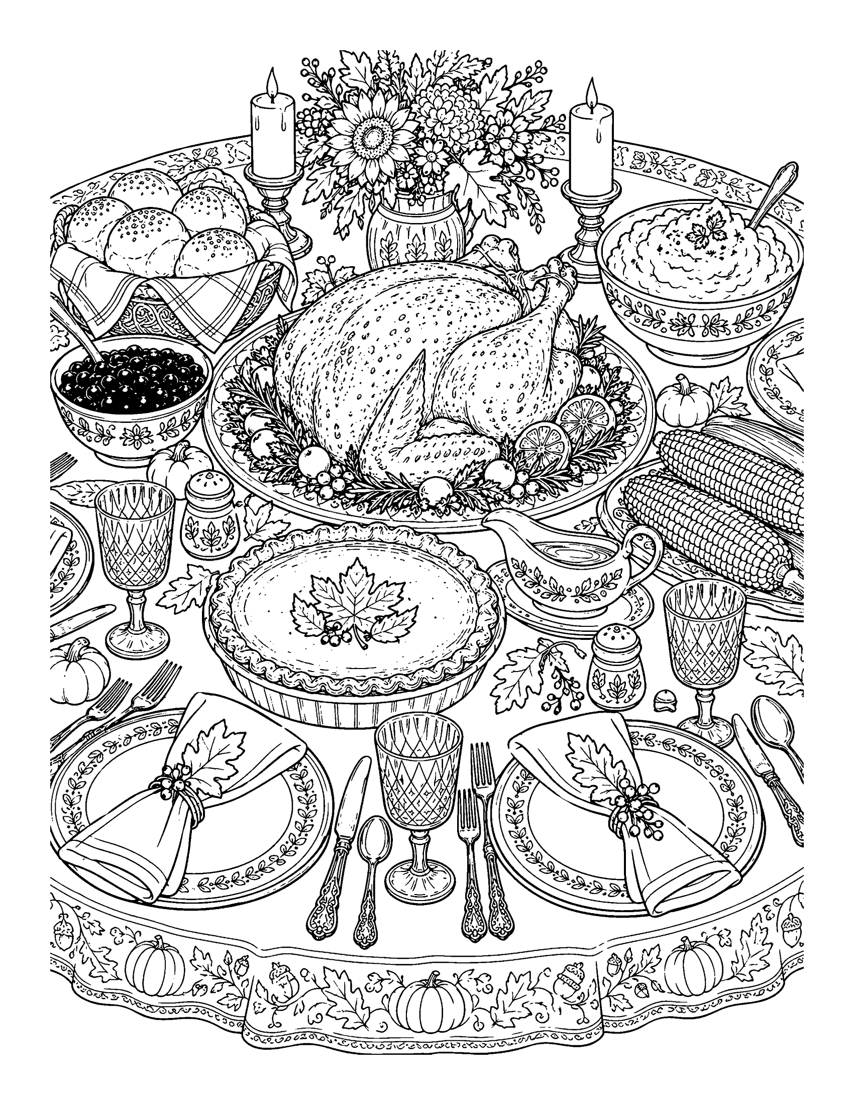 Detailed Thanksgiving dinner table with roast turkey, pie, corn, rolls, candles, glasses and patterned plates, coloring page for adults