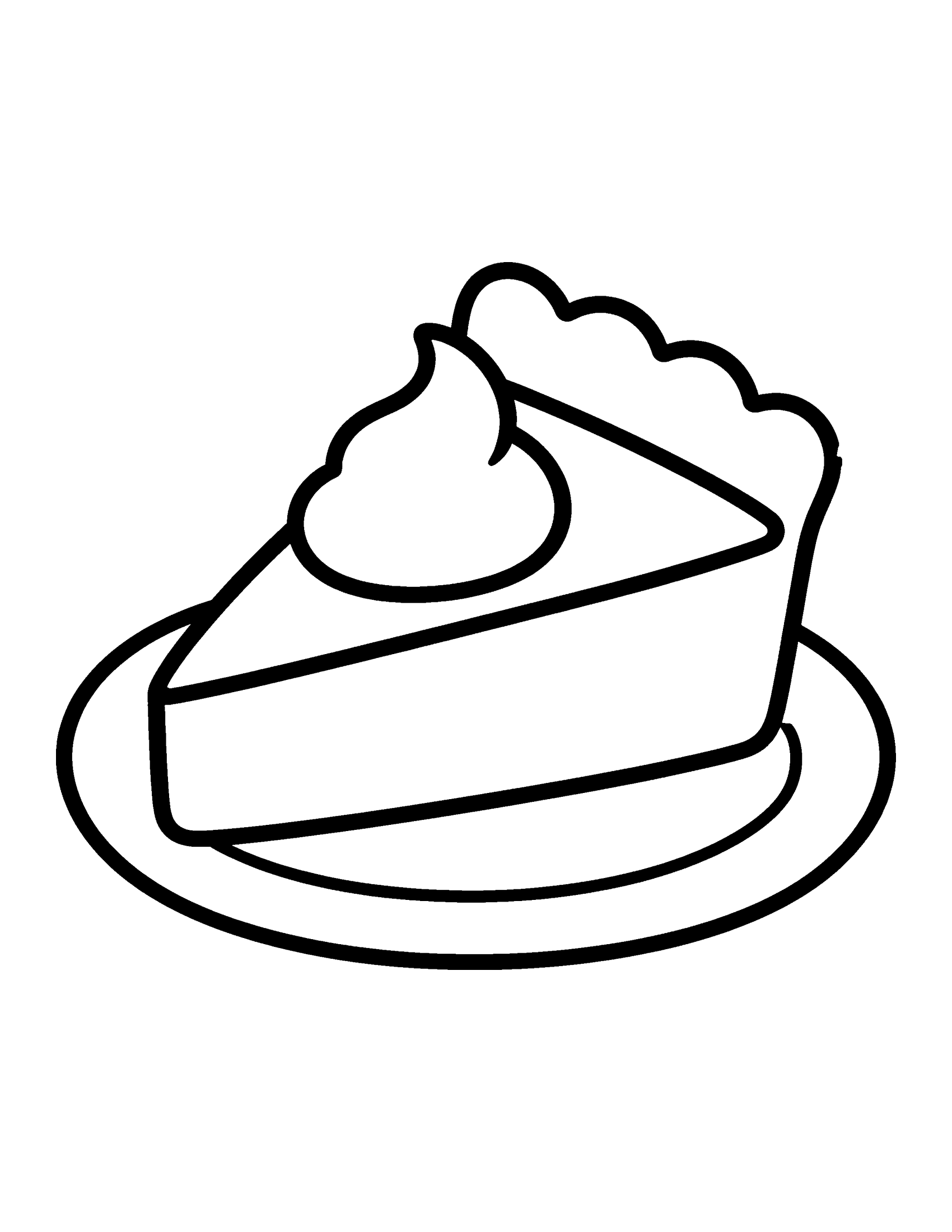 Very simple slice of pie with whipped cream on a plate, thick outlines, easy coloring page for preschool