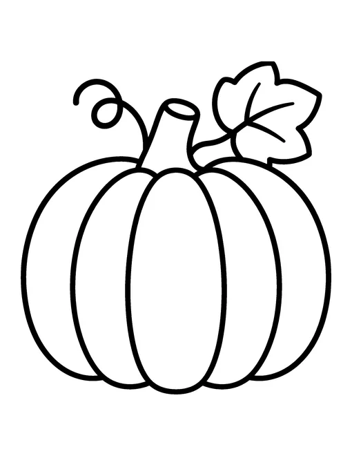 Very simple pumpkin with a curly vine and one leaf, thick outlines, easy coloring page for preschool
