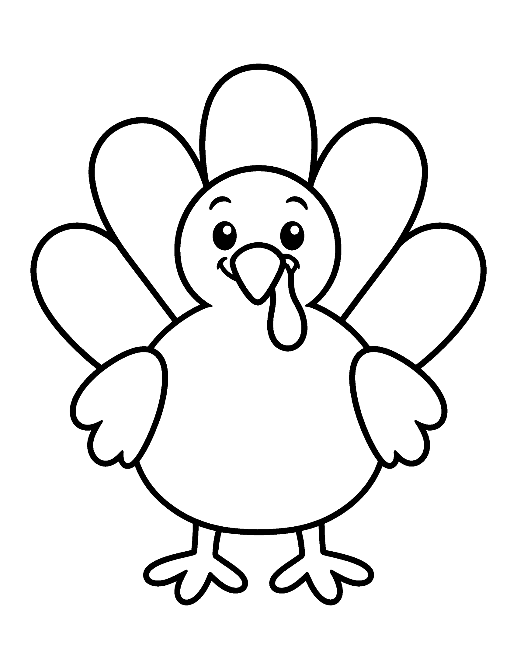 Very simple turkey with five large tail feathers and thick outlines, easy coloring page for preschool