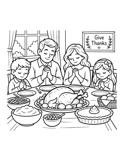 Family of four with eyes closed and hands folded saying grace at a Thanksgiving dinner table, coloring page