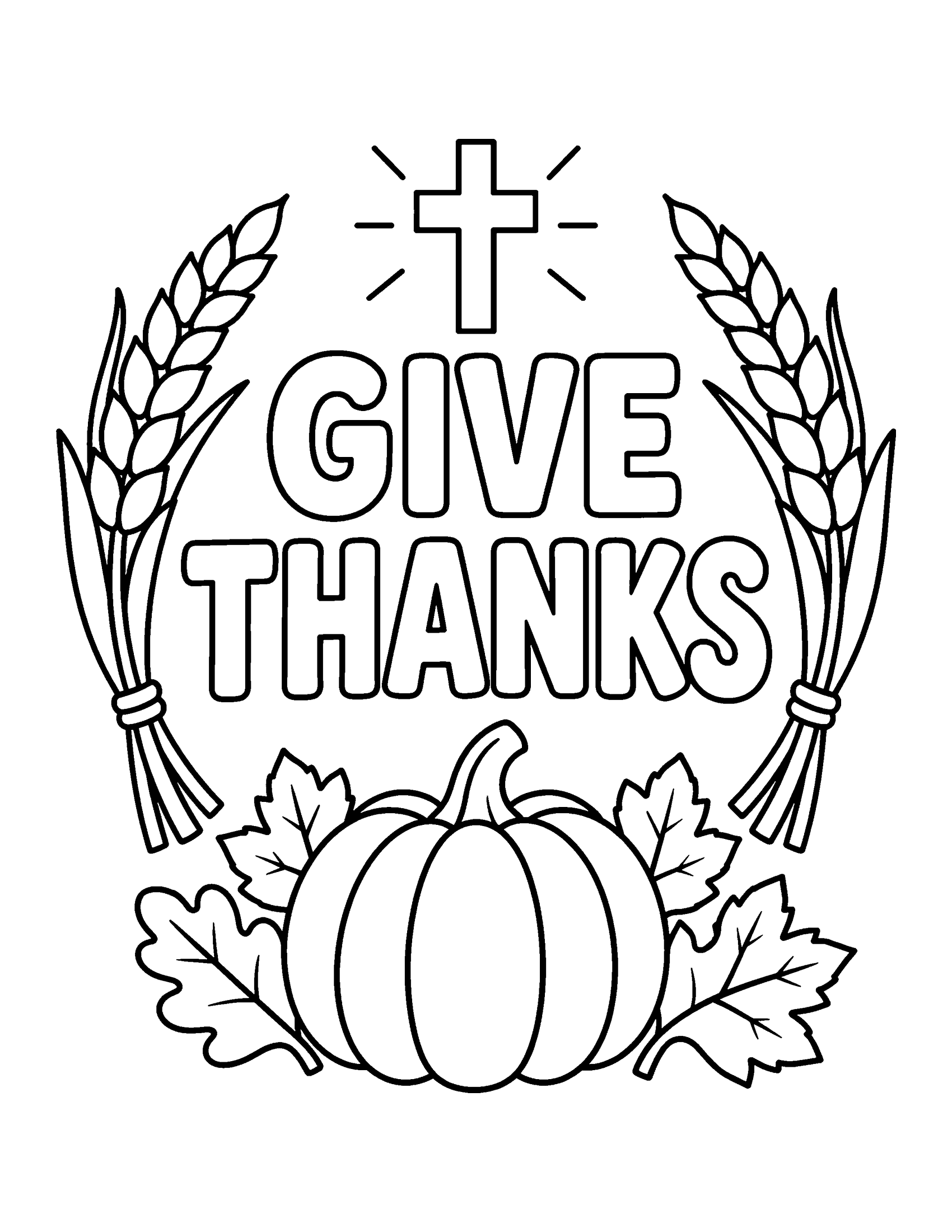 Give Thanks in bubble letters under a cross, framed by two sheaves of wheat with a pumpkin and leaves, coloring page
