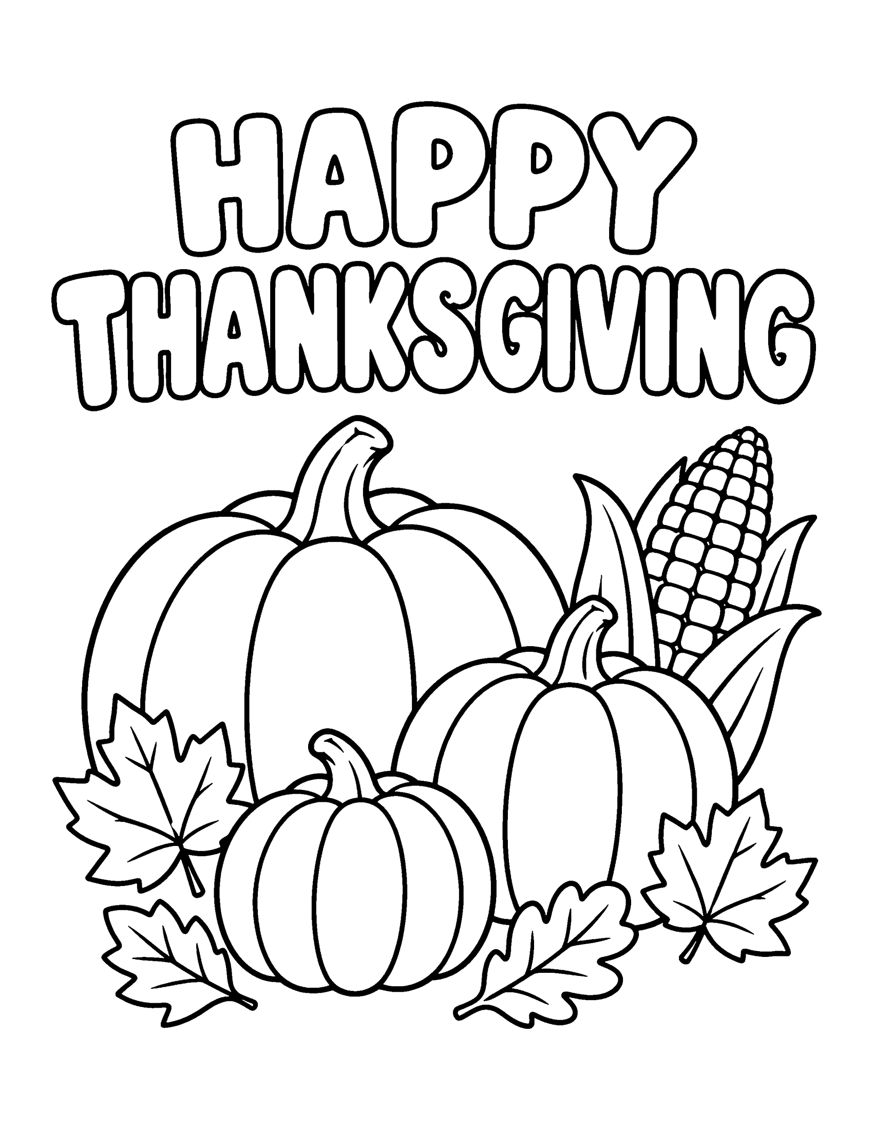 Happy Thanksgiving in bubble letters above three pumpkins, an ear of corn and fall leaves, coloring page