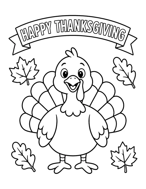 Happy Thanksgiving banner above a smiling cartoon turkey with fall leaves, coloring page