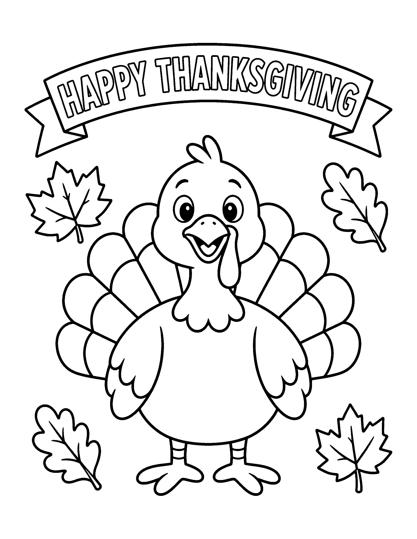 Happy Thanksgiving banner above a smiling cartoon turkey with fall leaves, coloring page