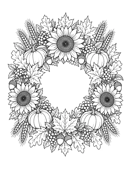 Detailed harvest wreath of sunflowers, pumpkins, wheat, berries, acorns and maple leaves, coloring page for adults