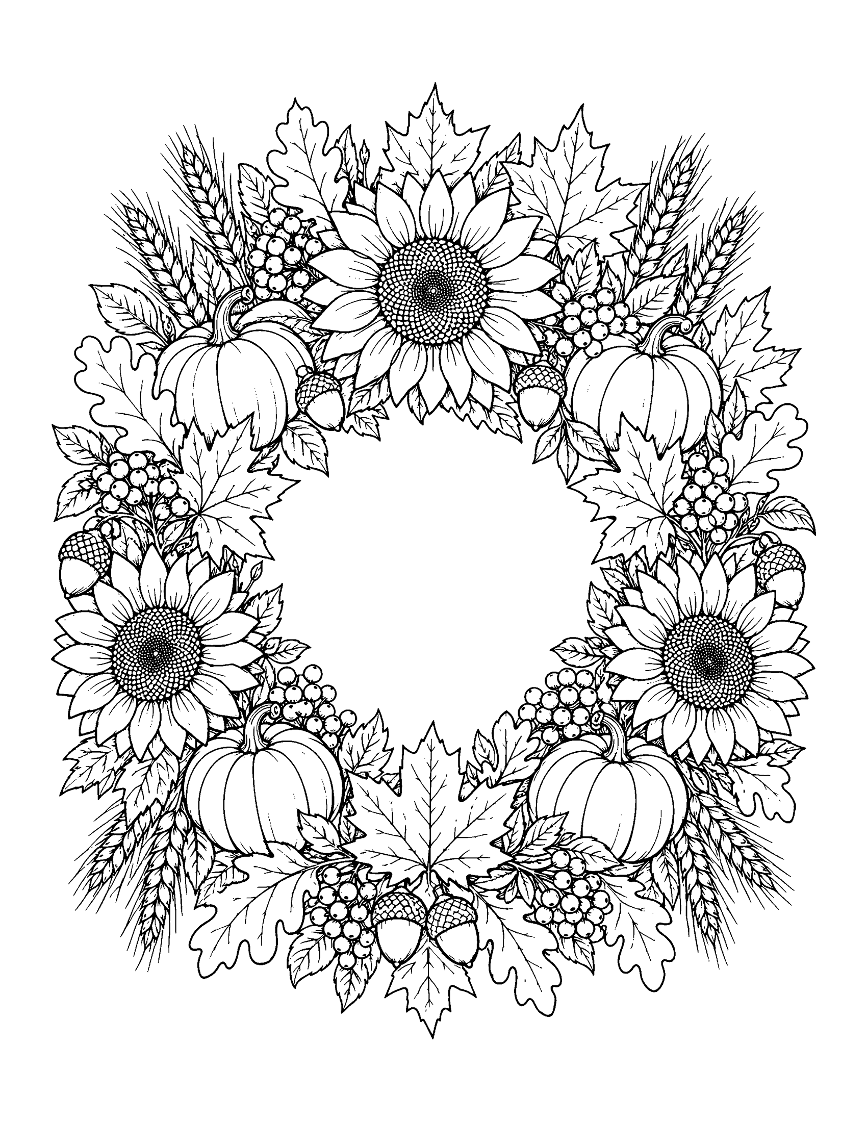 Detailed harvest wreath of sunflowers, pumpkins, wheat, berries, acorns and maple leaves, coloring page for adults