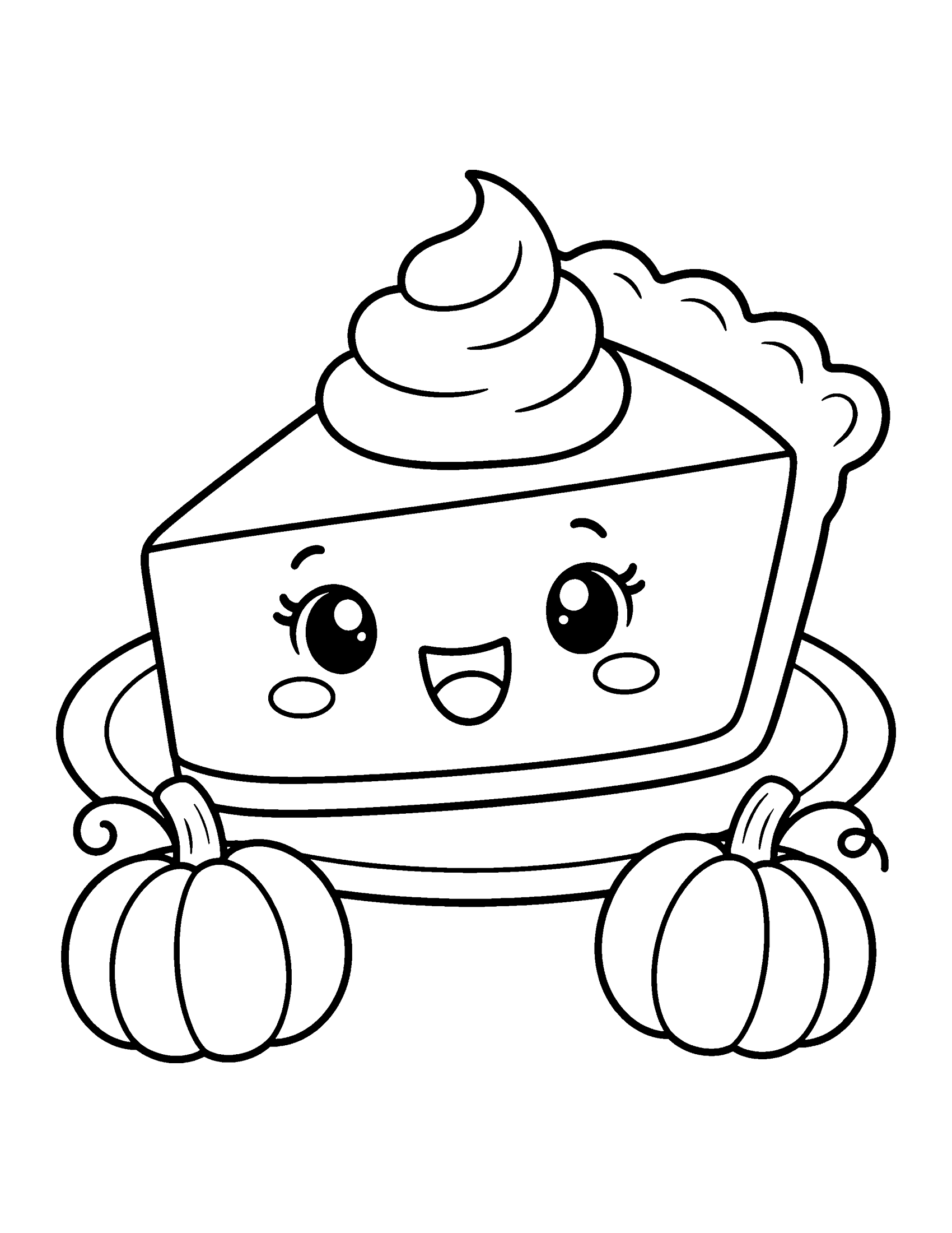 Kawaii slice of pumpkin pie with a smiling face and whipped cream, next to two small pumpkins, coloring page
