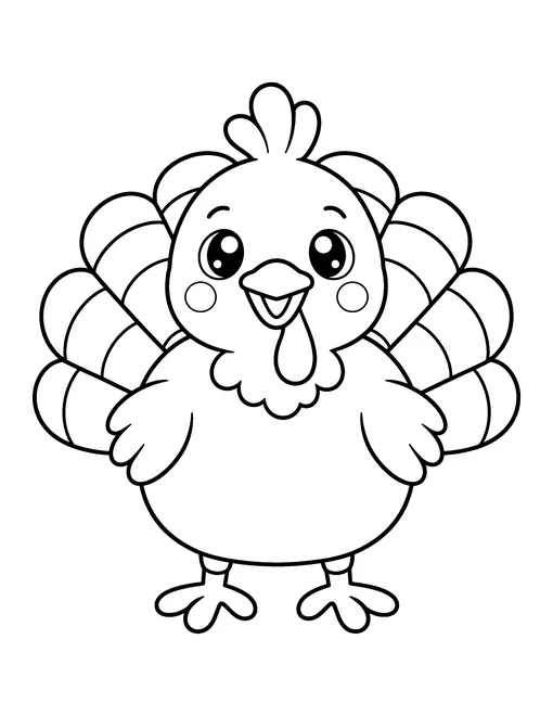 Kawaii baby turkey with big sparkling eyes, round cheeks and a small fanned tail, coloring page