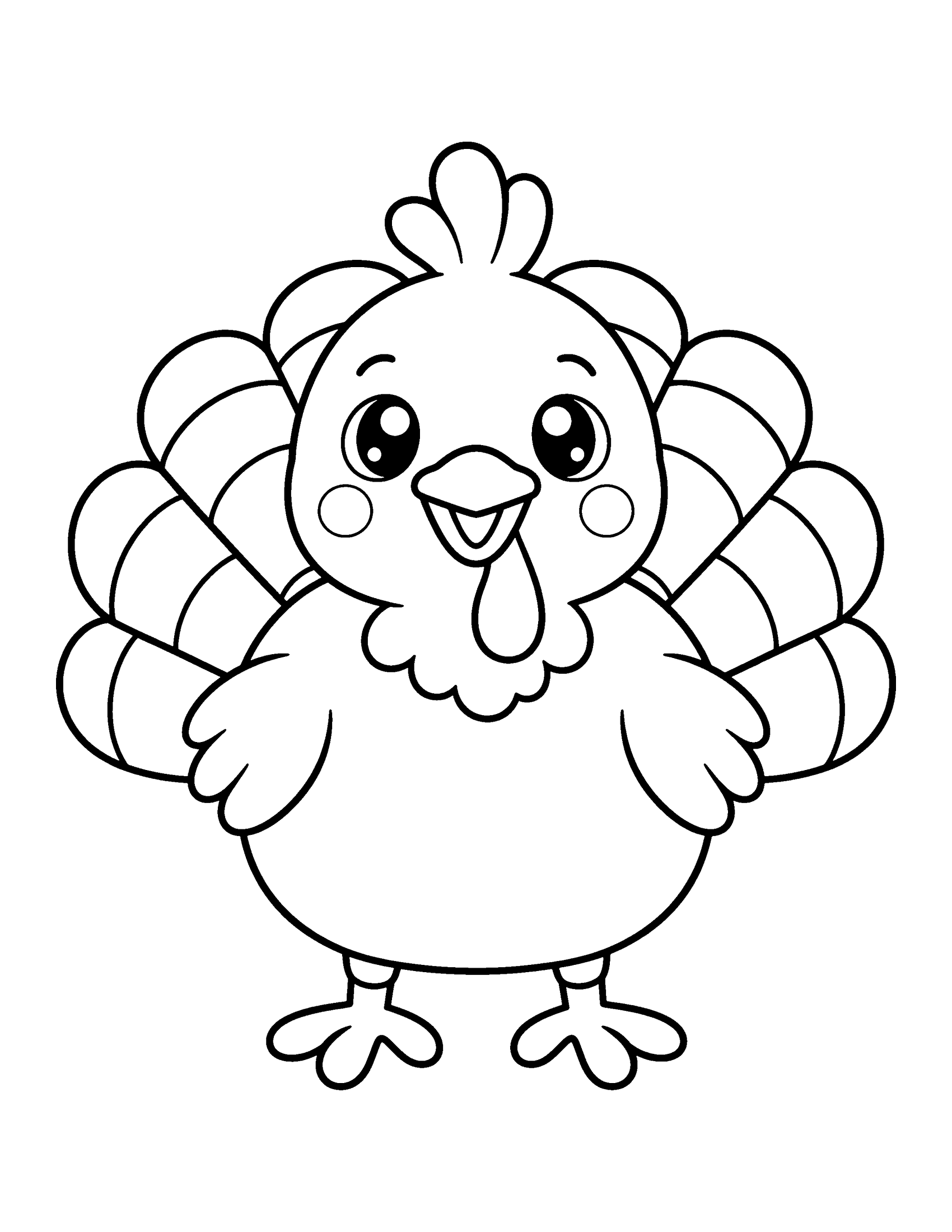 Kawaii baby turkey with big sparkling eyes, round cheeks and a small fanned tail, coloring page