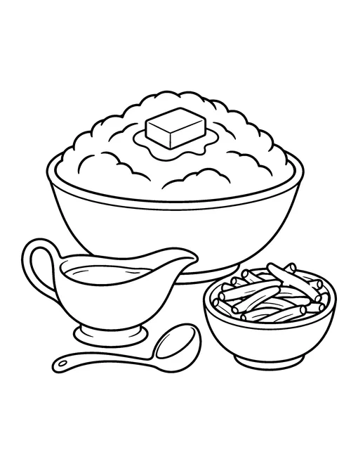 Bowl of mashed potatoes with butter, a gravy boat, a spoon and a bowl of green beans, coloring page