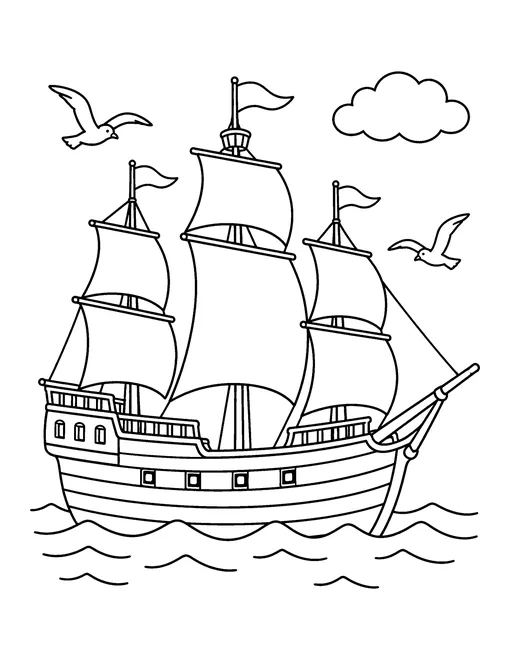 Mayflower sailing ship with three masts and full sails on the waves, with seagulls and a cloud, coloring page