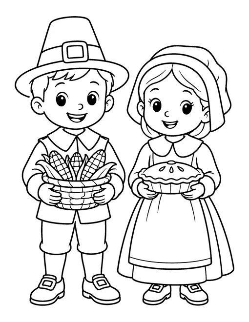 Pilgrim boy holding a basket of corn and pilgrim girl holding a pie, coloring page
