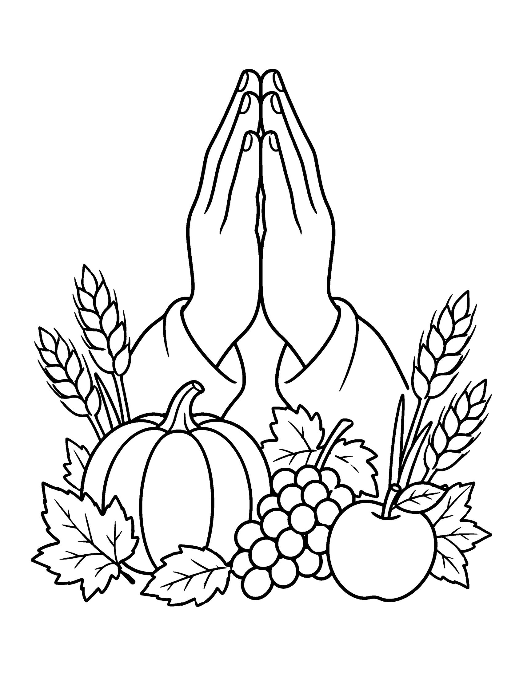 Praying hands above a pumpkin, grapes, an apple, wheat and fall leaves, Christian Thanksgiving coloring page