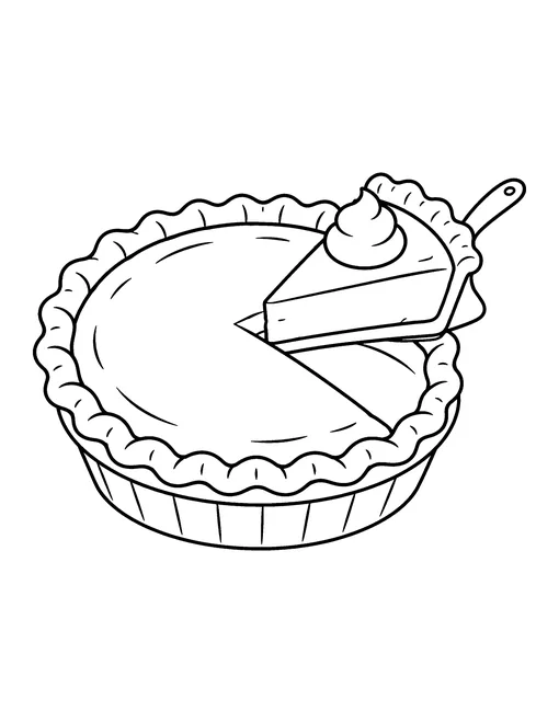 Whole pumpkin pie with a crimped crust and one slice being lifted out on a server, coloring page