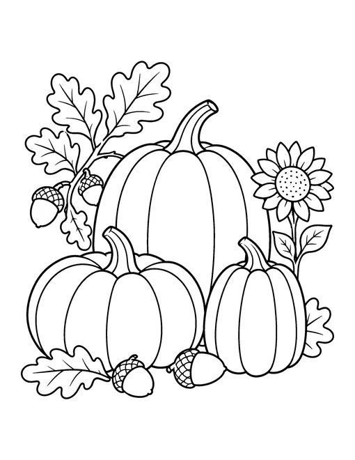 Three pumpkins with oak leaves, acorns and a sunflower, fall coloring page