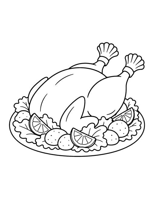 Roast turkey on a platter with lettuce, orange slices and small potatoes, coloring page