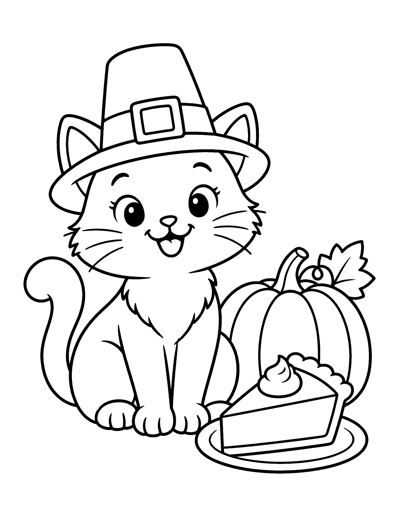 Cute cat wearing a pilgrim hat, sitting next to a pumpkin and a slice of pumpkin pie, coloring page