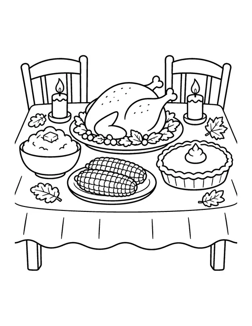 Thanksgiving dinner table with roast turkey, candles, mashed potatoes, corn on the cob and pumpkin pie, coloring page