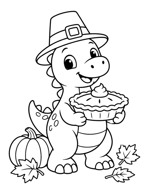 Cute baby dinosaur wearing a pilgrim hat and carrying a pumpkin pie, with a pumpkin and fall leaves, coloring page