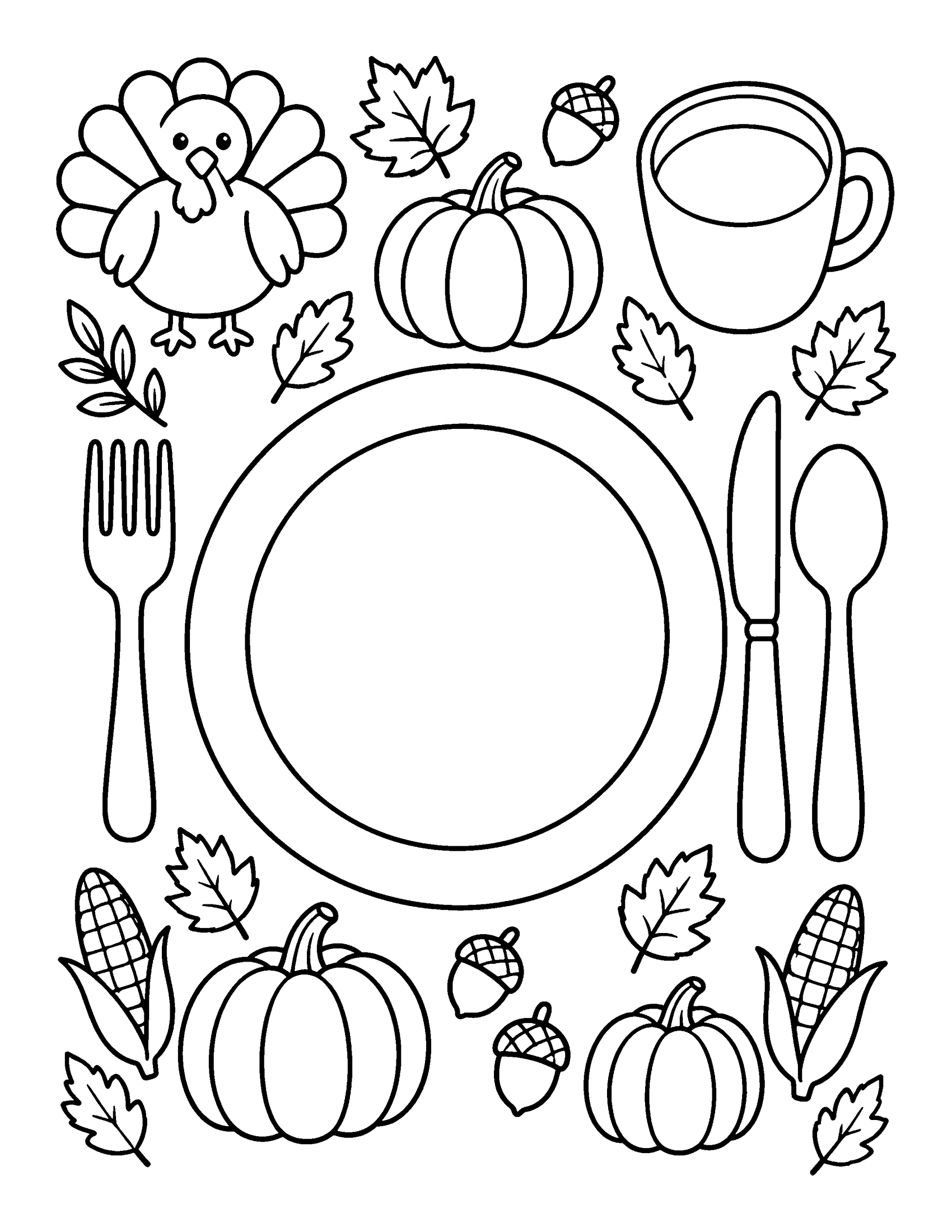 Printable Thanksgiving placemat with a plate, fork, knife, spoon and cup outline surrounded by a turkey, pumpkins, corn, acorns and leaves, coloring page