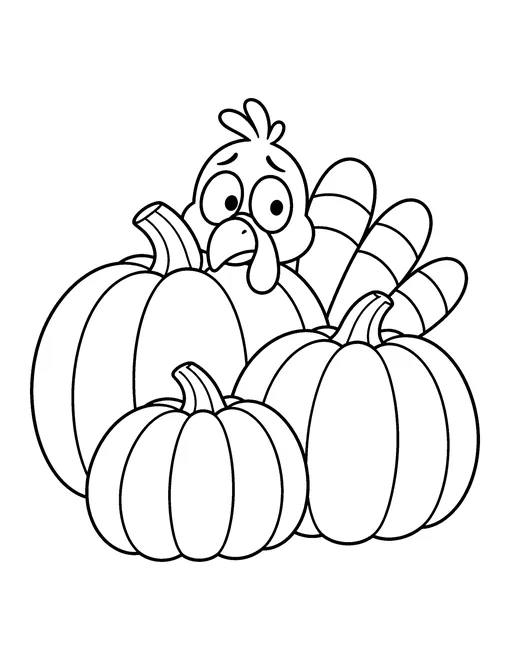 Funny worried turkey peeking out from behind three large pumpkins, coloring page