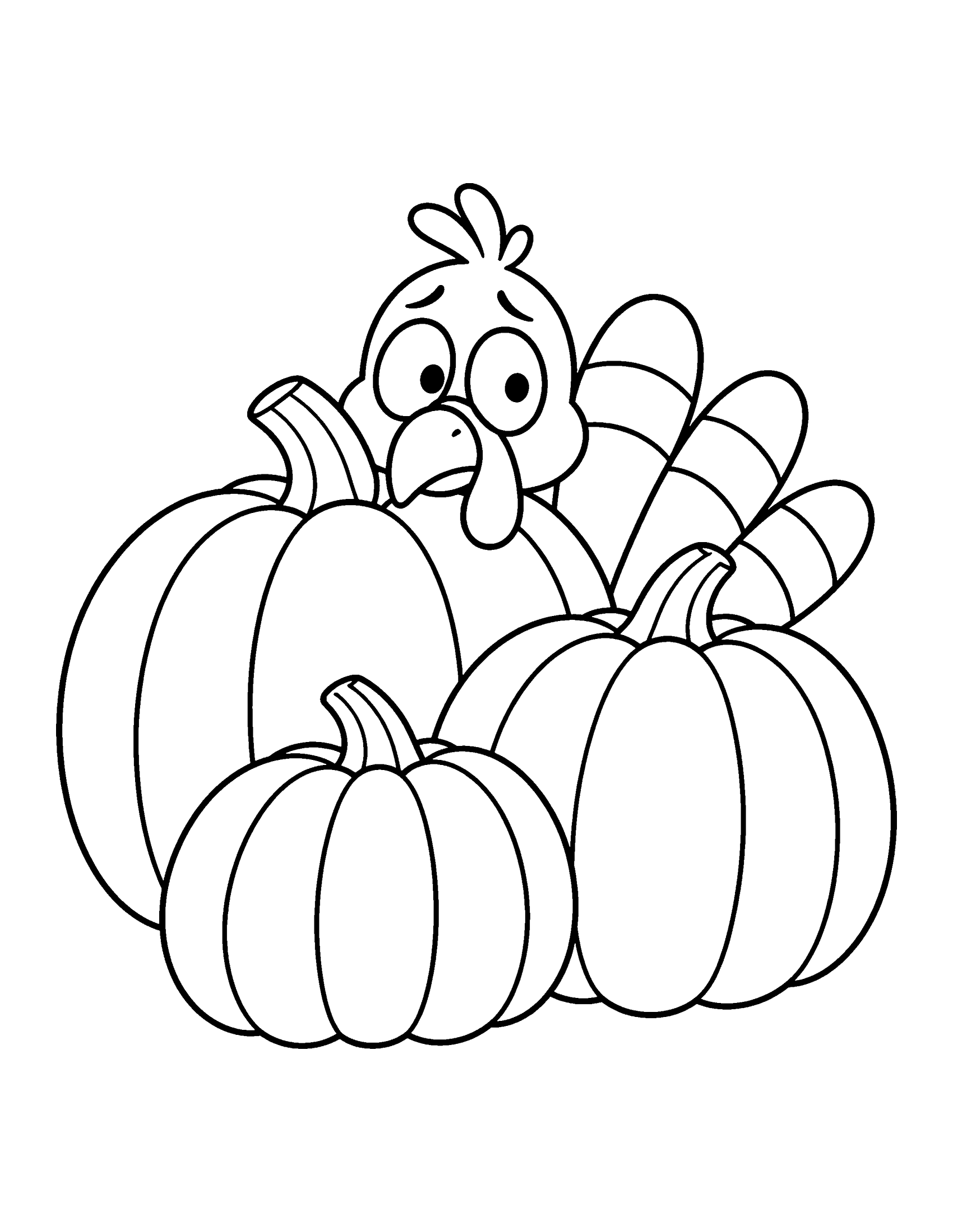Funny worried turkey peeking out from behind three large pumpkins, coloring page