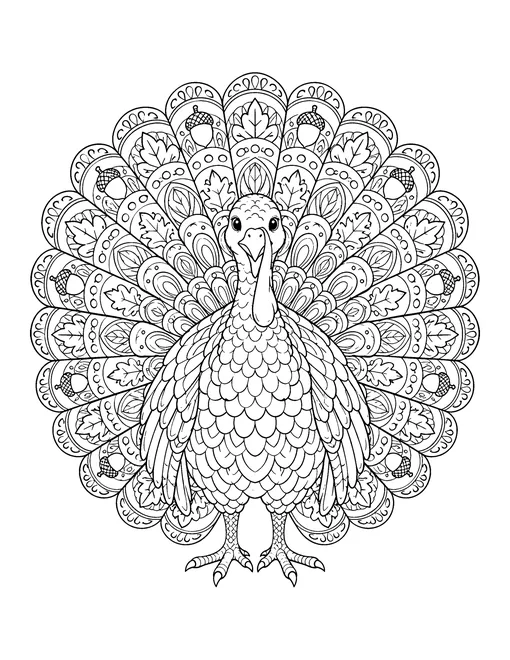 Turkey with a mandala-style tail made of patterned feathers, leaves and acorns, coloring page for adults