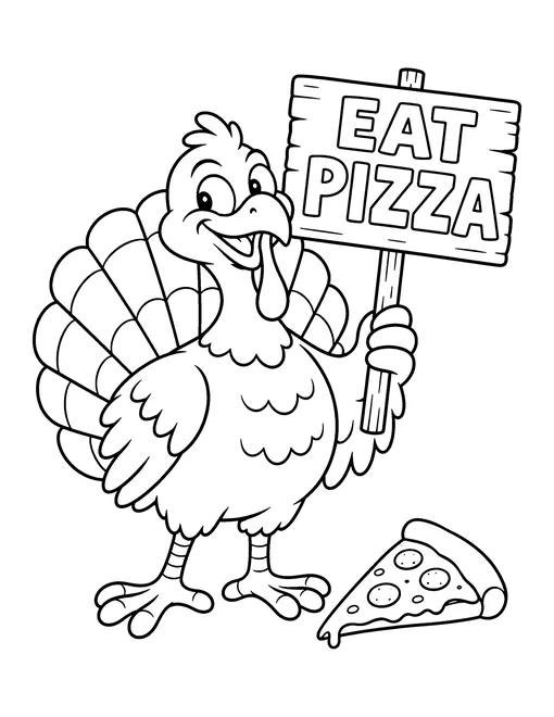 Funny cartoon turkey winking and holding a wooden sign that says Eat Pizza, with a slice of pizza on the ground, coloring page