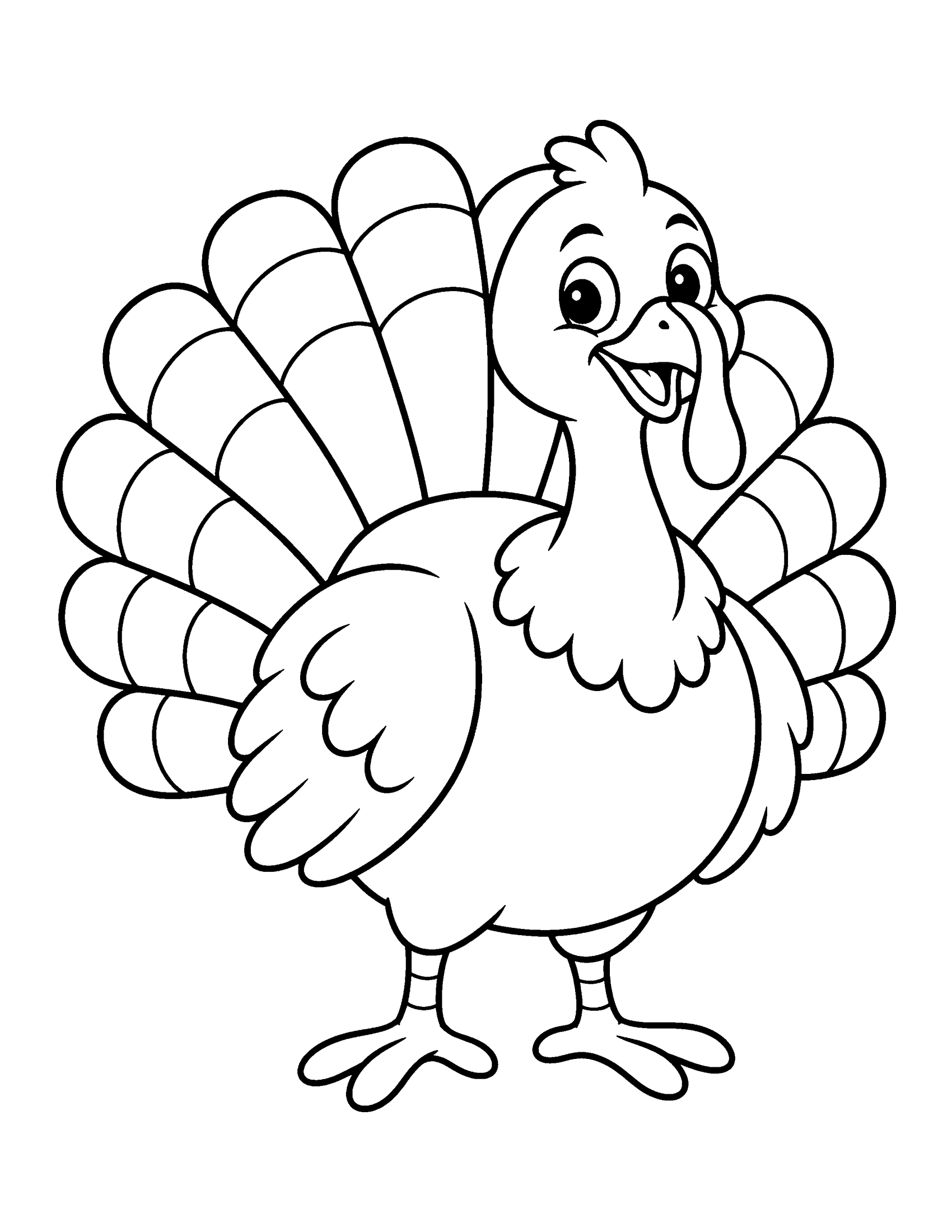 Cute cartoon turkey with a big fanned tail, smiling and standing side-on, coloring page