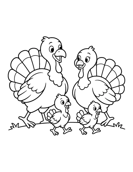 Two adult turkeys and two baby turkeys standing together on grass, coloring page
