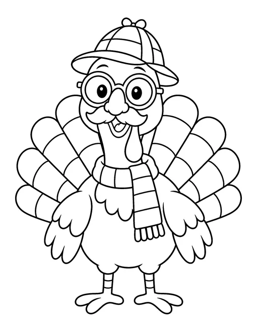Cartoon turkey in disguise wearing a checked cap, round glasses, a fake moustache and a striped scarf, coloring page