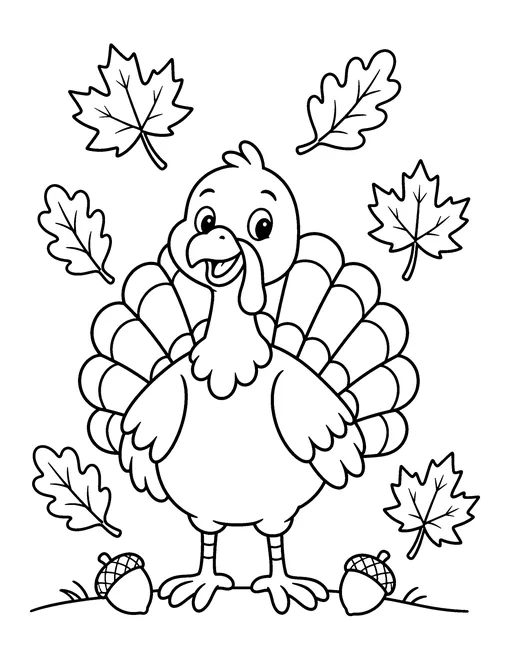 Cartoon turkey standing among falling maple and oak leaves with acorns on the ground, coloring page