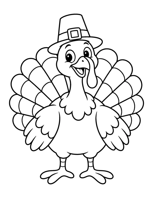 Smiling cartoon turkey wearing a tall pilgrim hat with a buckle, tail feathers fanned out, coloring page