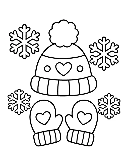 Bobble hat and a pair of mittens with heart patterns, surrounded by four snowflakes, coloring page
