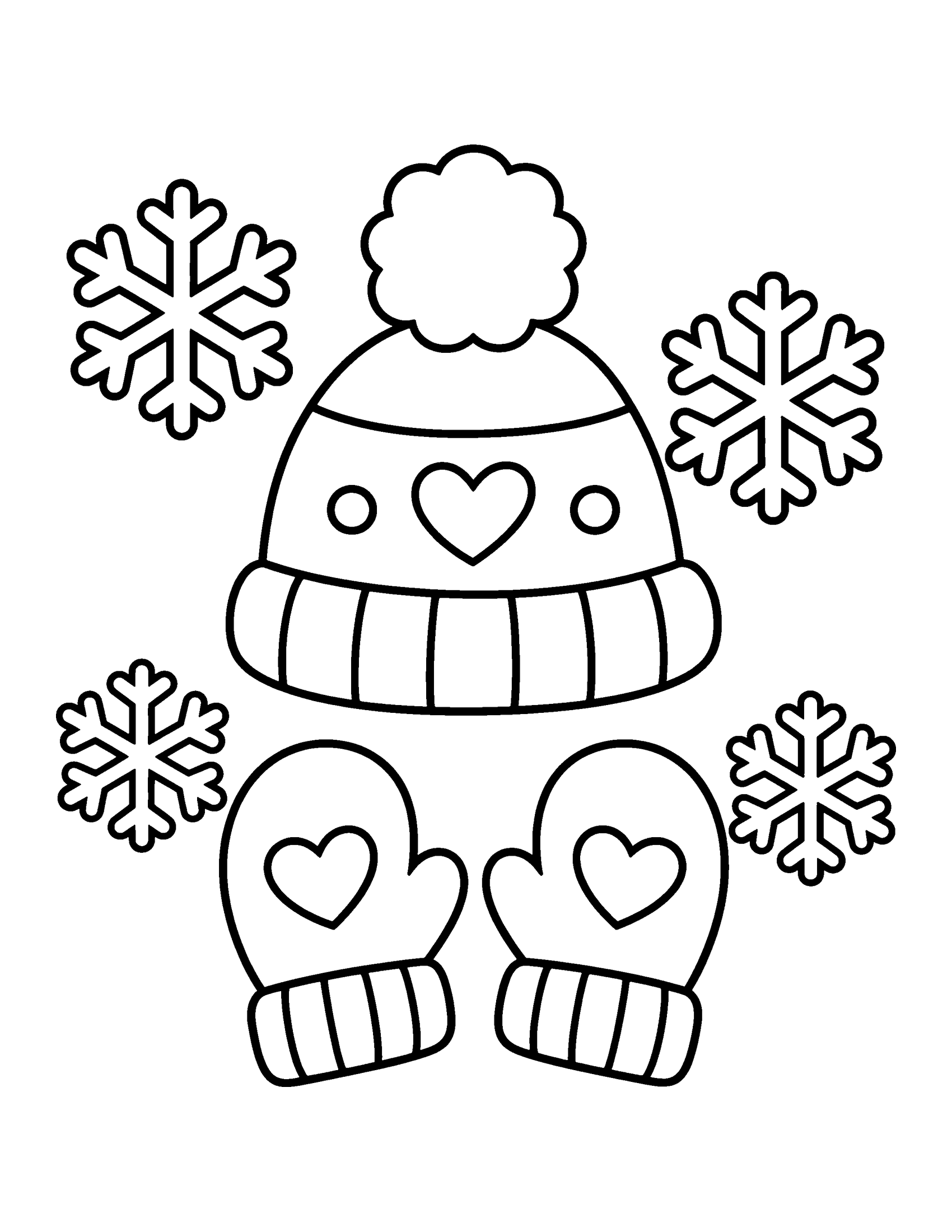 Bobble hat and a pair of mittens with heart patterns, surrounded by four snowflakes, coloring page