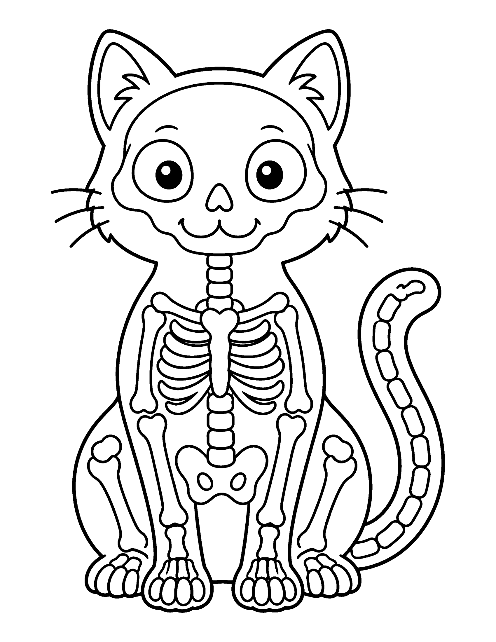 X-ray of a cute sitting cat showing its skull, ribs, leg bones and tail bones, coloring page